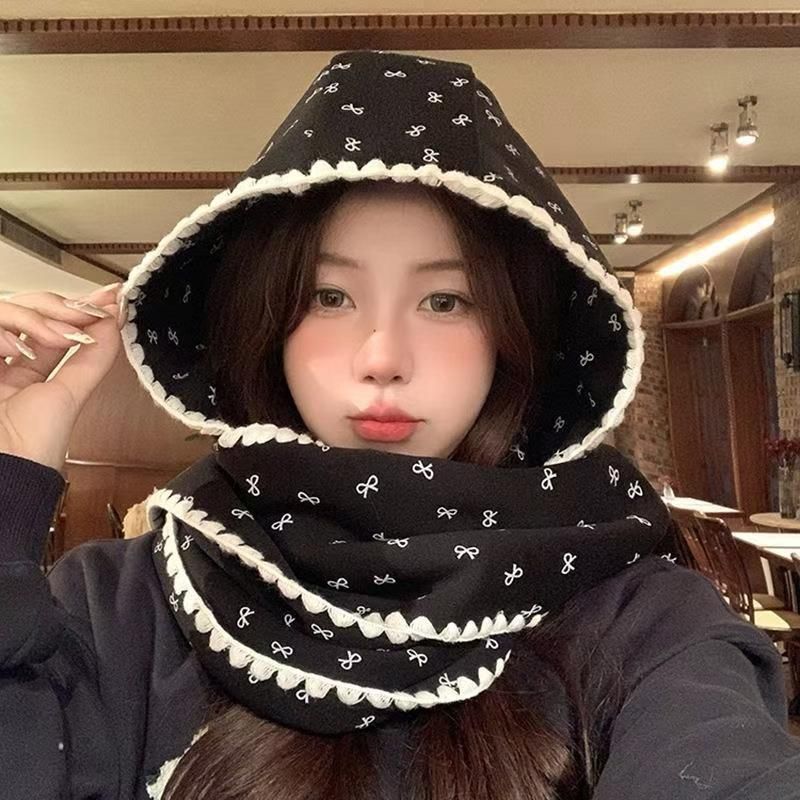 Sciarpa con cappuccio versatile in pizzo con stampa di faccine sorridenti in versione coreana per ragazze, cappello invernale lavorato a maglia, caldo scaldacollo_voghion.com
