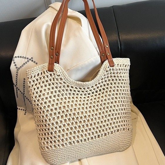 Borsa da spiaggia grande capacità, in paglia intrecciata, per le donne, modello Fresh Vacation Crochet, 2025_voghion.com