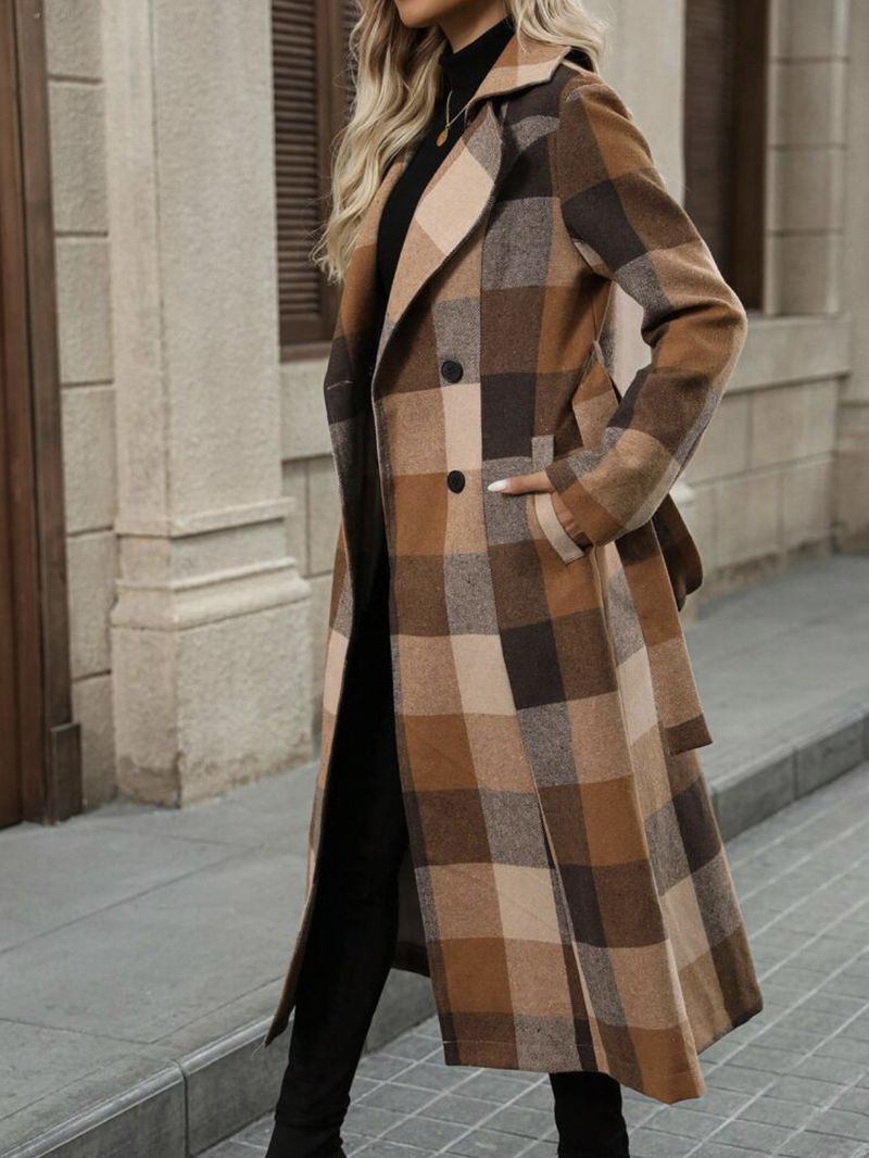 Women's Long Double Breasted Trench Coat With Notched Lapel & Belt - Wool Blend Overcoat In Black/Green/Khaki/Charcoal/Check For Fall Winter_voghion.com