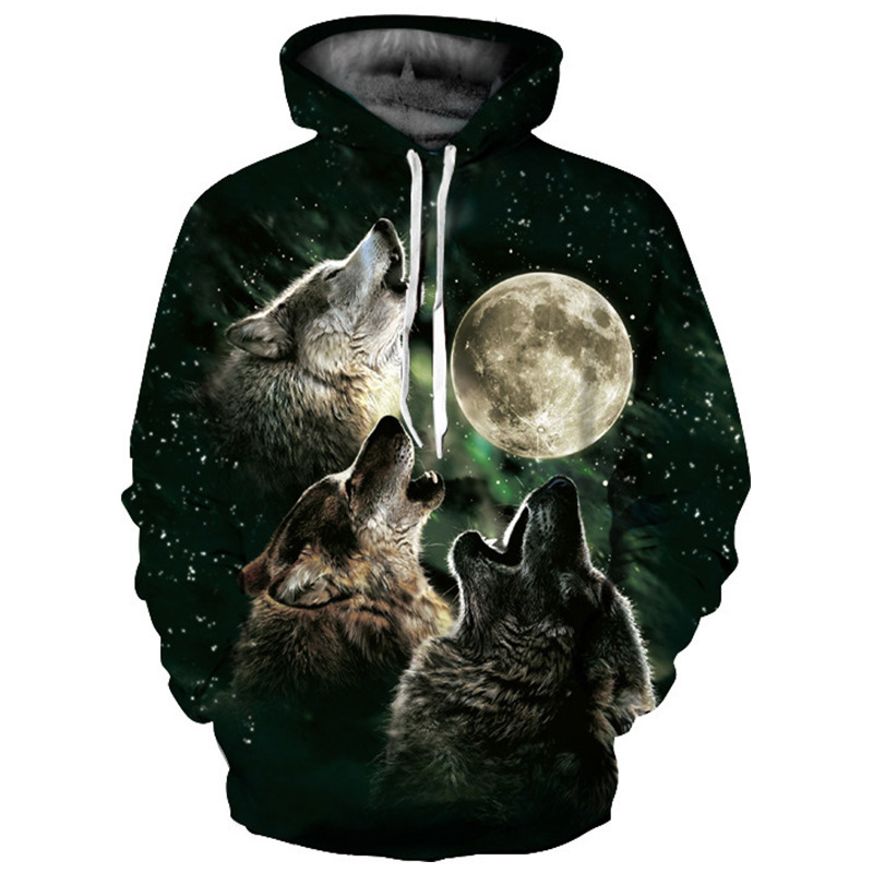 2023 Primavera Autunno Nuovo pullover allentato con cappuccio stampato lupo colorato digitale 3D per coppie di uomini e donne_voghion.com