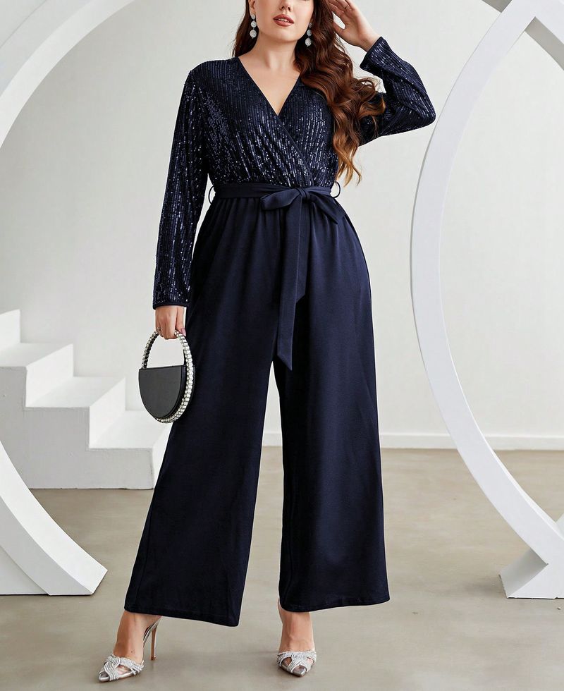 Jumpsuit für Damen in Übergröße – Sexy Palazzo-Hose mit V-Ausschnitt und weitem Bein, Glitzer, hoher Taille, Loungewear für Arbeit und Party (0XL–4XL, Marineblau)_voghion.com