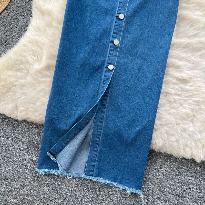Abito da donna retrò, senza maniche, con cinturino, vita e orlo grezzo, in denim, monopetto, aderente, con gonna lunga_voghion.com