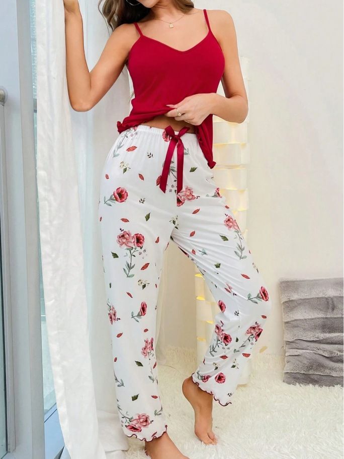 Homewear Ribbed Strap Pajamas For Women, Wearable Long Pants Two-Piece Set_voghion.com
