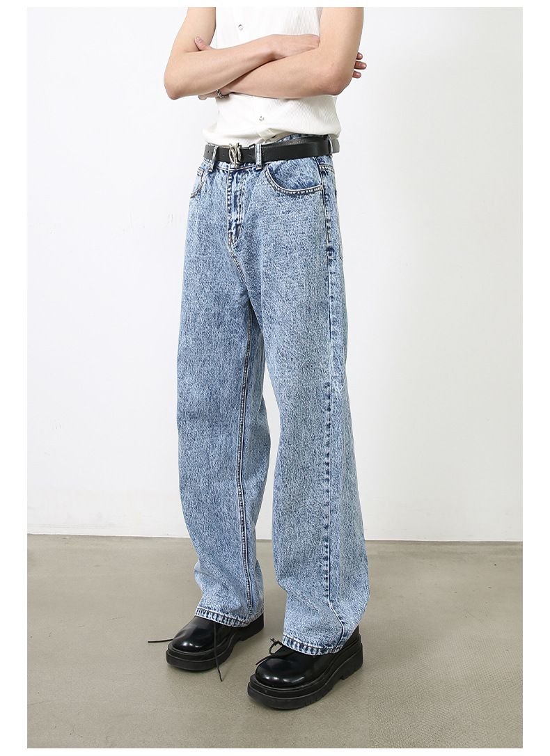 Herrenbekleidung Retro Kurze Jeansjacke Herren Loose Straight Washed Blue Jeans Anzug_voghion.com