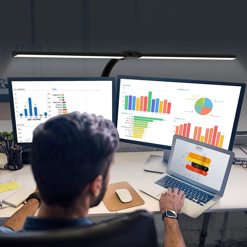 Lampada da tavolo a LED a doppia testa con clip e telecomando, per l'illuminazione di uffici domestici, modalità colore e 5 livelli dimmerabili._voghion.com