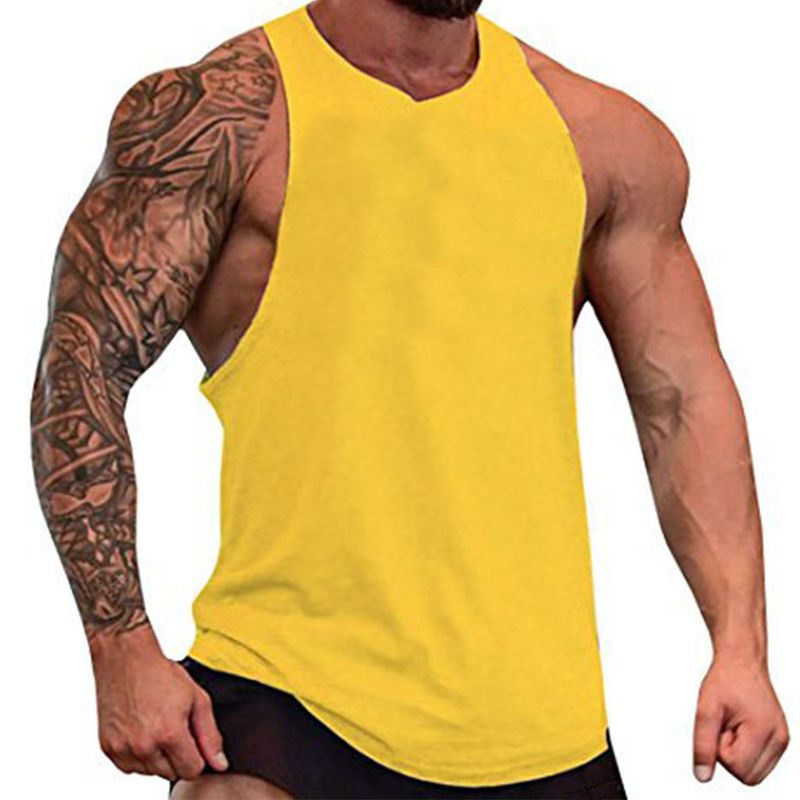 Ärmelloses Rundhals-Fitness-Unterhemd aus Baumwolle im europäischen Stil mit großem Schlitz_voghion.com
