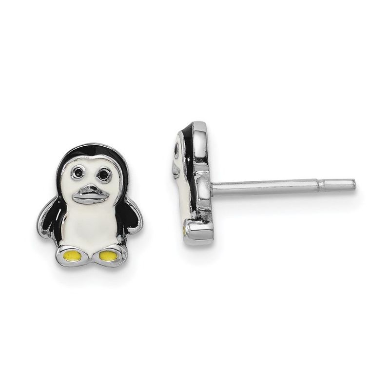 Sterling Silver Rhodium-plated Polished Multi-color Enameled Penguin Children's Post Earrings_voghion.com