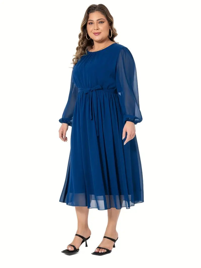 Große frauen Einfarbig Elegante Chiffon Taille Gewickelt Fett MM Kleid Frauen_voghion.com