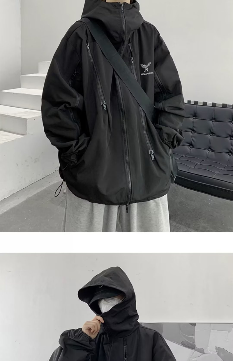 Männerkleeder Schwaarz Kapuzenjackete fir Männer waasserdicht Hipster Hiphop locker Jongen Trendjackete_voghion.com