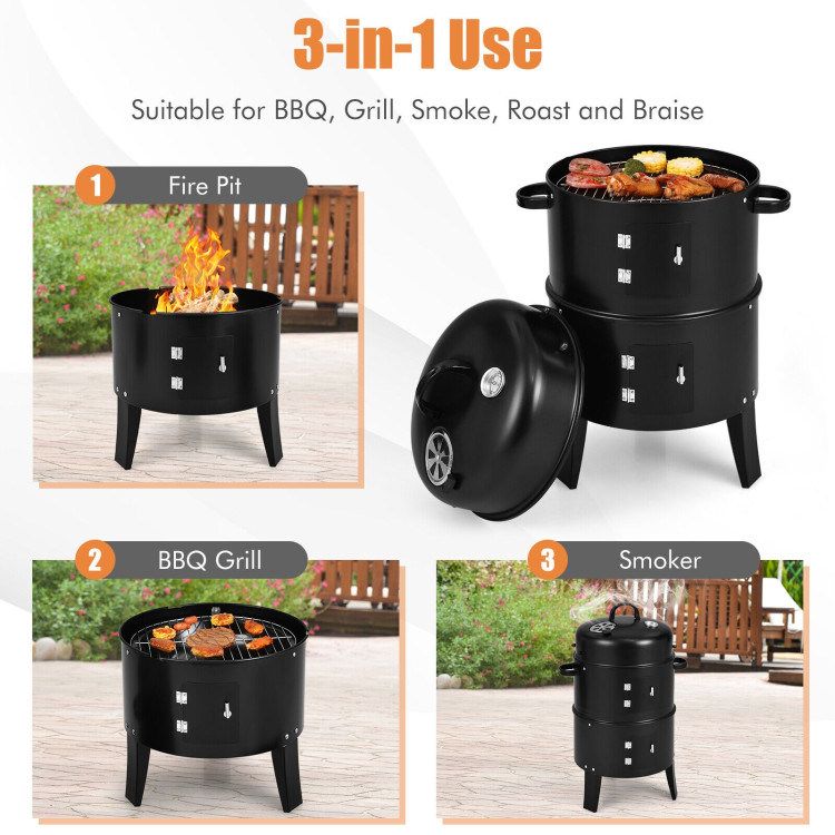 3-in-1 Charcoal BBQ Grill Cambo with Built-in Thermometer_voghion.com