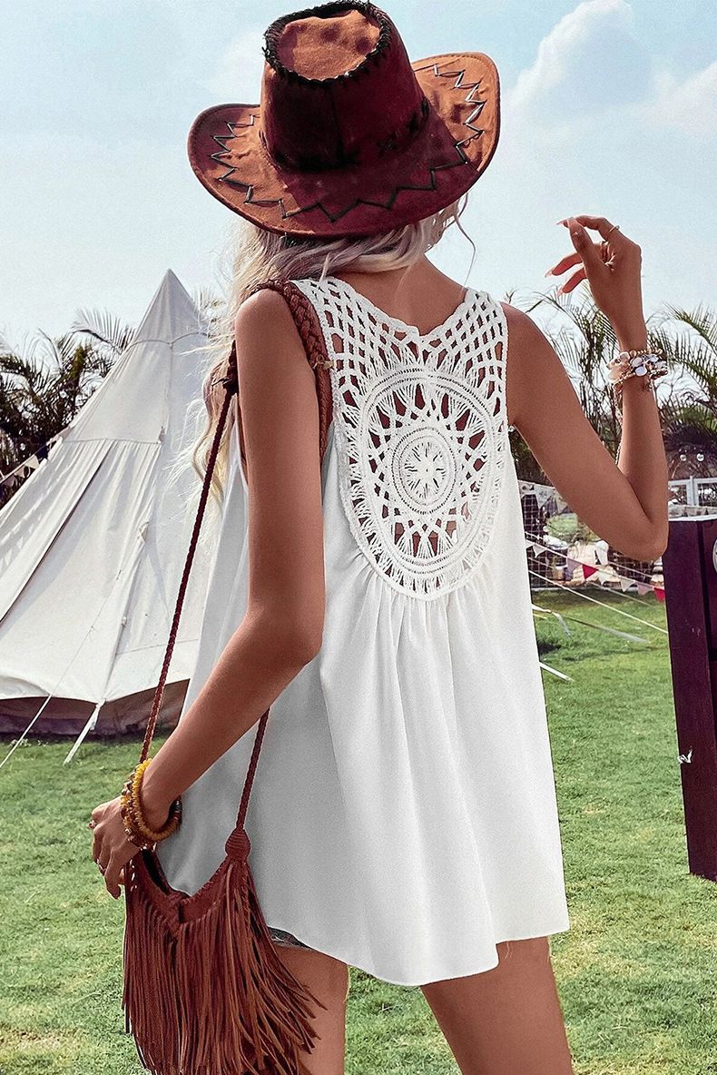 Camiseta sin mangas holgada con escote en V y encaje en la espalda para mujer, novedad de verano 2025_voghion.com