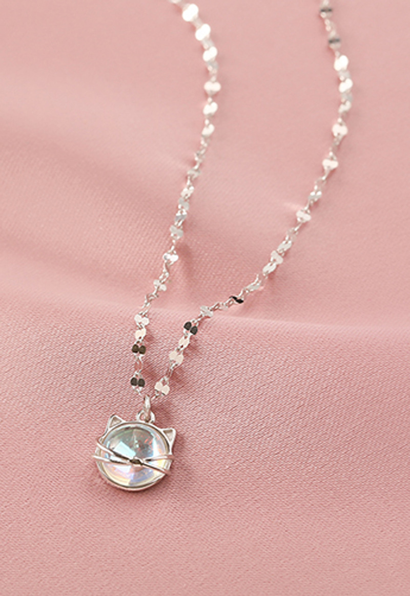 Sterling VENUS Sier Color Aurora Cat Necklace Lady Temperament Sweet Moonstone Meow Planet Clavicle Chain_voghion.com