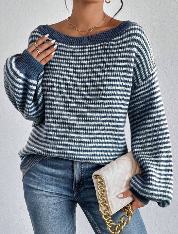 Maglione da donna in maglia con spalle scoperte, righe a blocchi di colore e maniche a lanterna – Vestibilità comoda e ampia per autunno e inverno_voghion.com