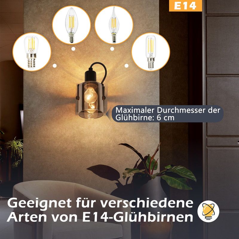 Glitzerlife Deckenstrahler Vintage Deckenlampe 1flammig - Retro Rauchgrau Glas Deckenleuchte E14 Fassung Industrial Schwarz Deckenspot Max. 40W Für Küche Wohnz_voghion.com