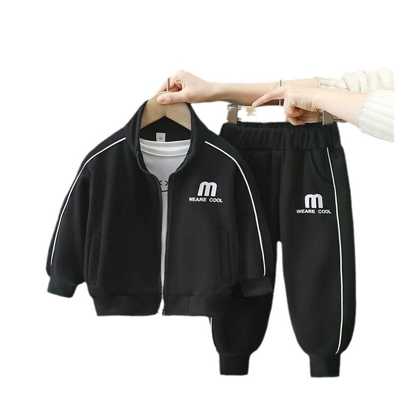 Completo sportivo da bambino, autunno casual, due pezzi, con elegante stampa di lettere, in comodo tessuto di poliestere per bambini (3-8 anni, 90-150 cm)_voghion.com