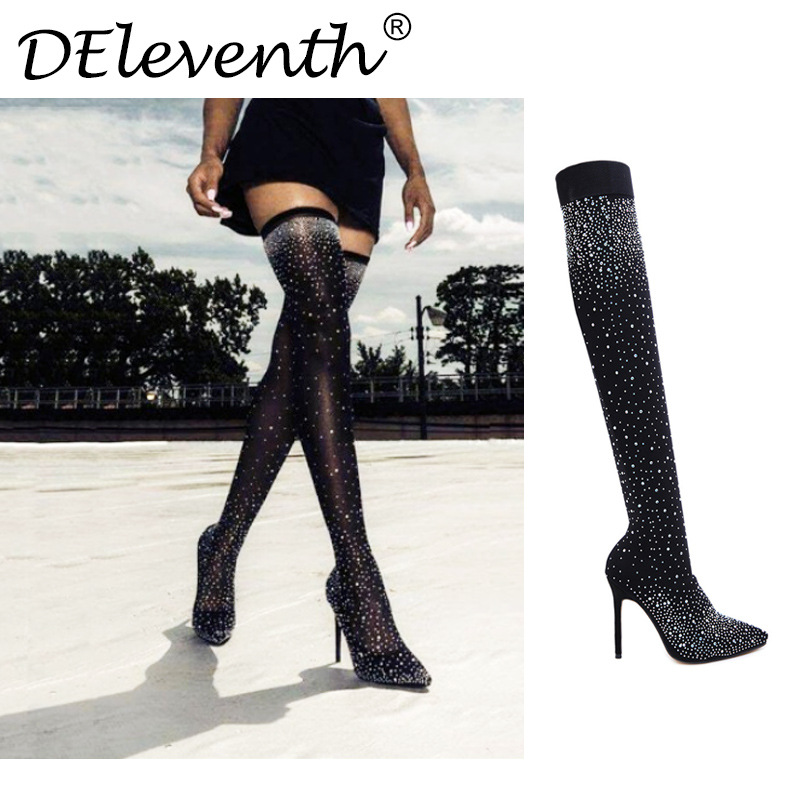 Diamante Knee Long Tube Socks High Heel Rhinestone Pointed Toe Over-the-Knee Boots_voghion.com