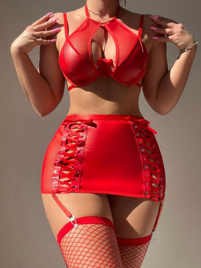 Perspective Mesh Leather Splicing Sexy Strap Black Split Style Lingerie Set_voghion.com