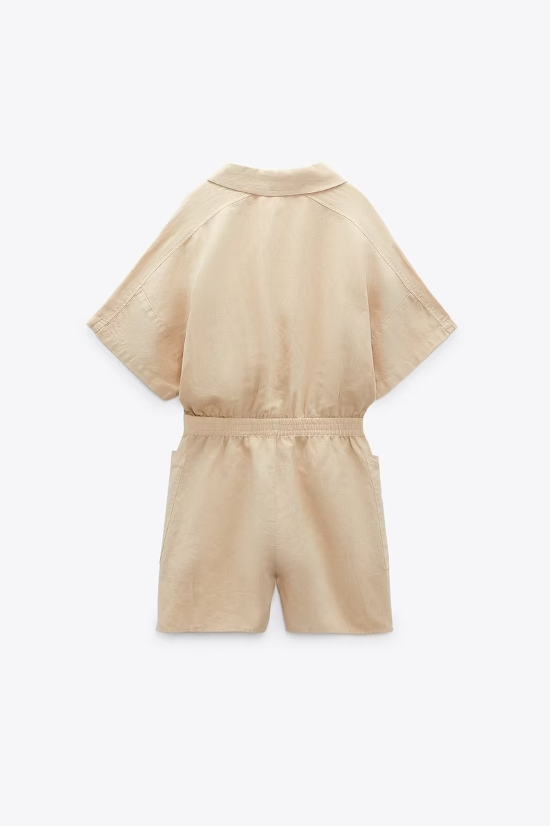 Women's Clothing Summer New Lapel Loose Waist Linen Blended Striped Short Jumpsuit_voghion.com