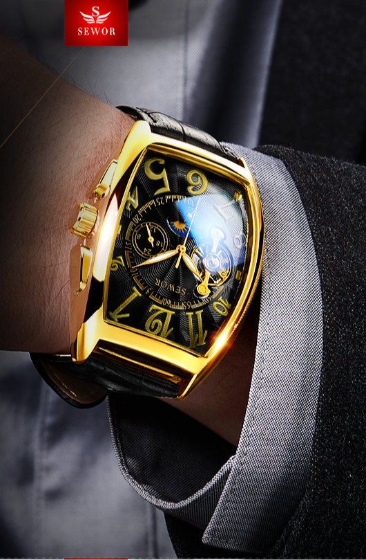 Montre mécanique noire pour homme de marque SEWOR 677 avec bracelet en cuir véritable de qualité supérieure et ensemble de montres à tourbillon volant 24 heures_voghion.com