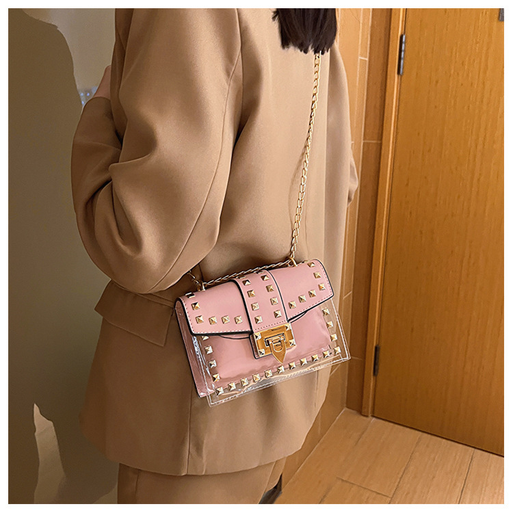 Borsa da donna trasparente con rivetto di tendenza transfrontaliera 2023 Borsa a tracolla semplice con catena New Chic estiva Borsa a tracolla all-match_voghion.com