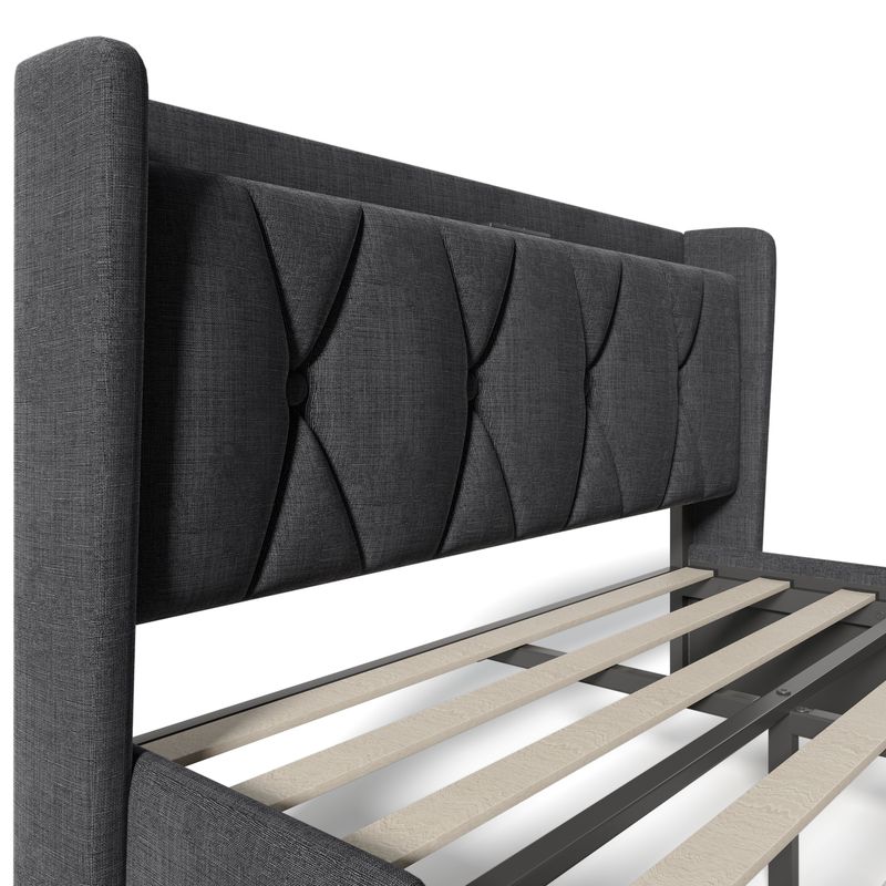 Cadre de lit double avec rangement 140 x 200 cm, avec port USB, tête de lit capitonnée et 4 tiroirs, sommier à lattes en bois gris (avec matelas)_voghion.com