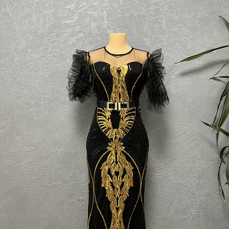 Paillettenkleid für Damen, schmal geschnittener Fischschwanz-Langrock, Bubble-Mesh-Ärmel, modische Abendgarderobe_voghion.com