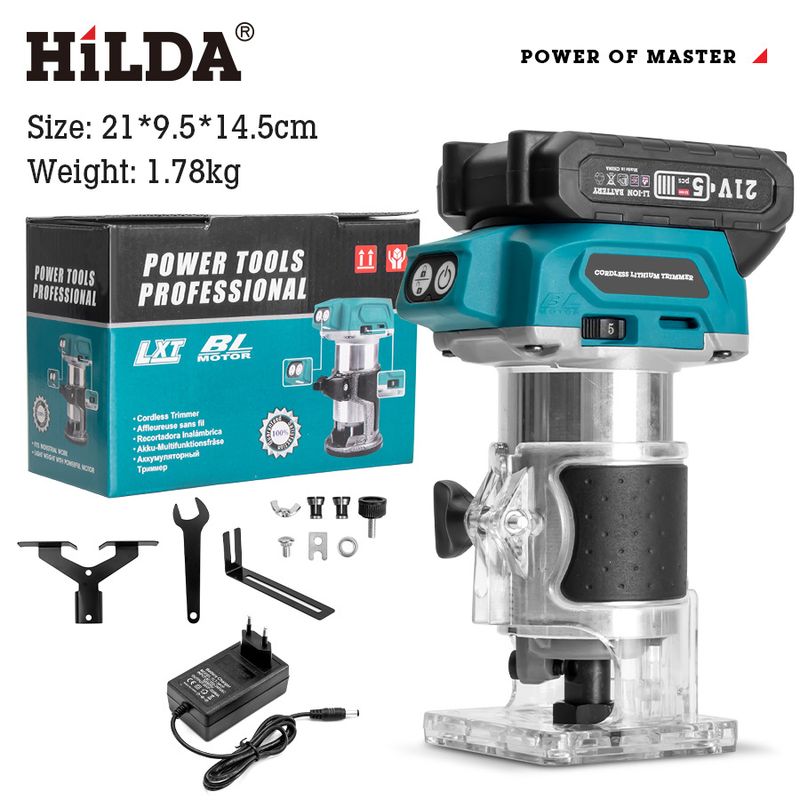 HILDA Cordless Lithium-Ion Wood Trimmer Router, Electric Wood Carving Machine, 700W Power, 3000-30000 RPM, 4mm/10mm Collet Size,_voghion.com