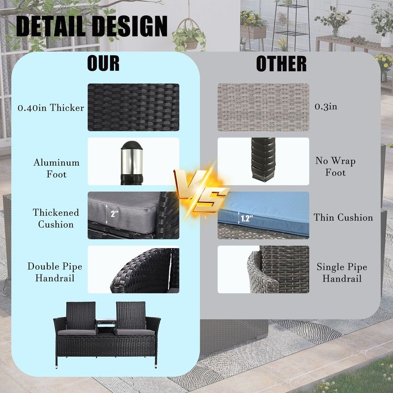 Outdoor Loveseat, 2 Seat Loveseat With Cushions And Built-in Coffee Table, Bench For Balcony Furniture Sets Non-removable Back Without Glass( Backrest Of Integrated Piece )_voghion.com