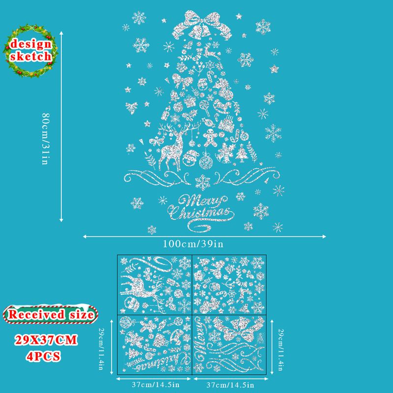 Calcomanías estáticas premium para ventana de árbol de Navidad - Juego de 4 pegatinas reutilizables (30 x 37 cm, acabado esmerilado dorado/plateado)_voghion.com