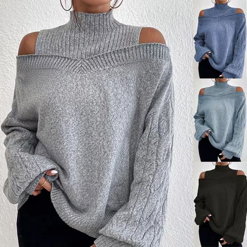 Damenbekleidung schulterfreier Pullover Damenpullover Herbst und Winter neuer lockerer halbhoher Kragen Laternenärmel Strickpullover_voghion.com