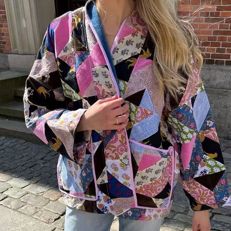 New For Autumn And Winter , Long Sleeved Printed Color Blocked Cotton Clothing Jacket, Women's Top_voghion.com