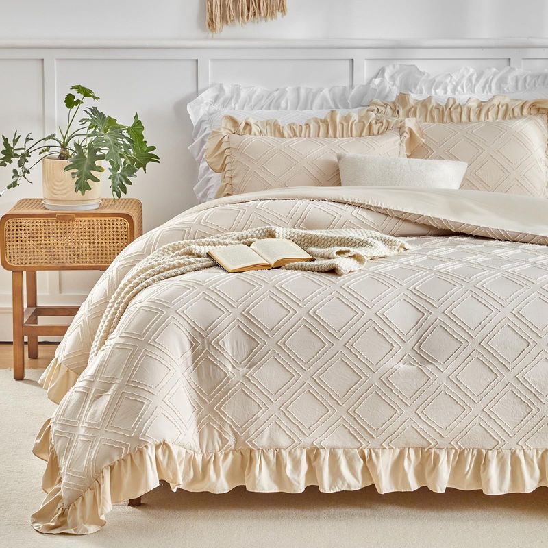 Queen Size Diamond Tufted Duvet Set - 3-Piece Bedding Set With Ruffled Edge (Polyester Fluffy & Lightweight)_voghion.com