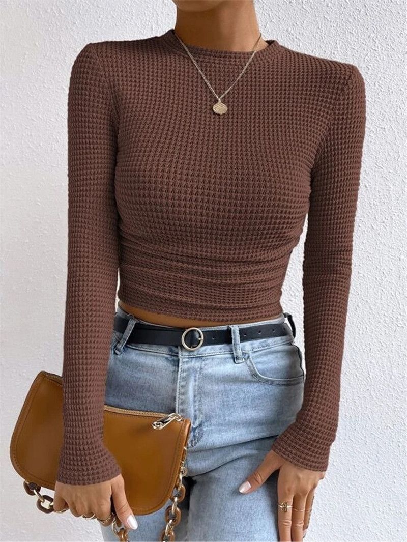 Herbst Damen Solid Knit Plissee Side Langarm T-Shirt Lange Ärmel Solid Slim Tees All Match Basic Tops Unterhemd_voghion.com