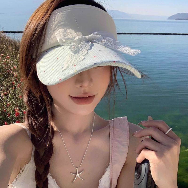 Korean Version Ins Sweet Bow Polka Dot Duck Tongue Visor Women's Summer Sunscreen Empty Top Hat Big Head Circumference Hat Tide_voghion.com