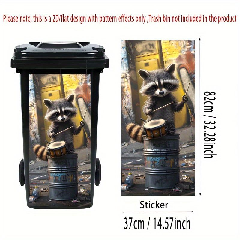 1pc Raccoon Musician Themed Trash Can Sticker 37×82cm - Self-Adhesive Polypropylene Wallpaper With Cartoon Raccoon & Drum Design, Glossy Finish For_voghion.com