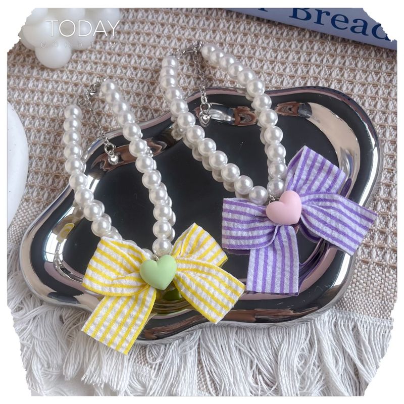Collana di perle regolabile per cani e gatti, con fiocco in colori a contrasto, accessori per il collo degli animali domestici_voghion.com