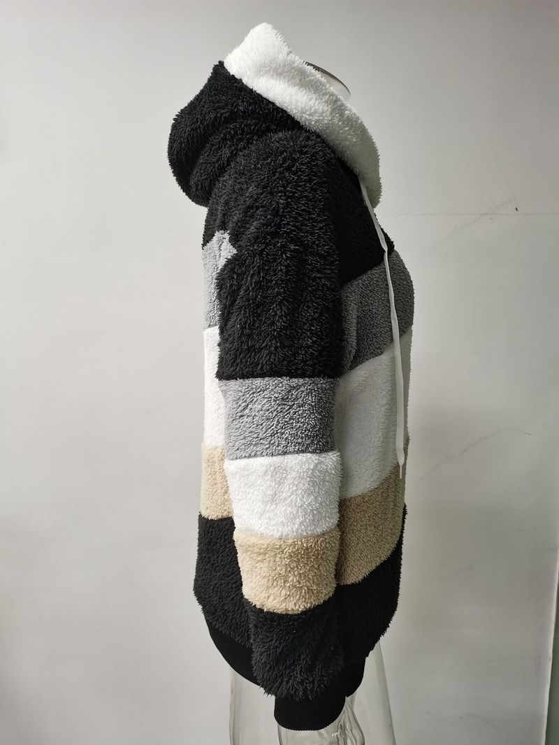 2025 Autumn Winter Warm Plush Patchwork Zipper Pocket Hooded Loose Coat For Women_voghion.com