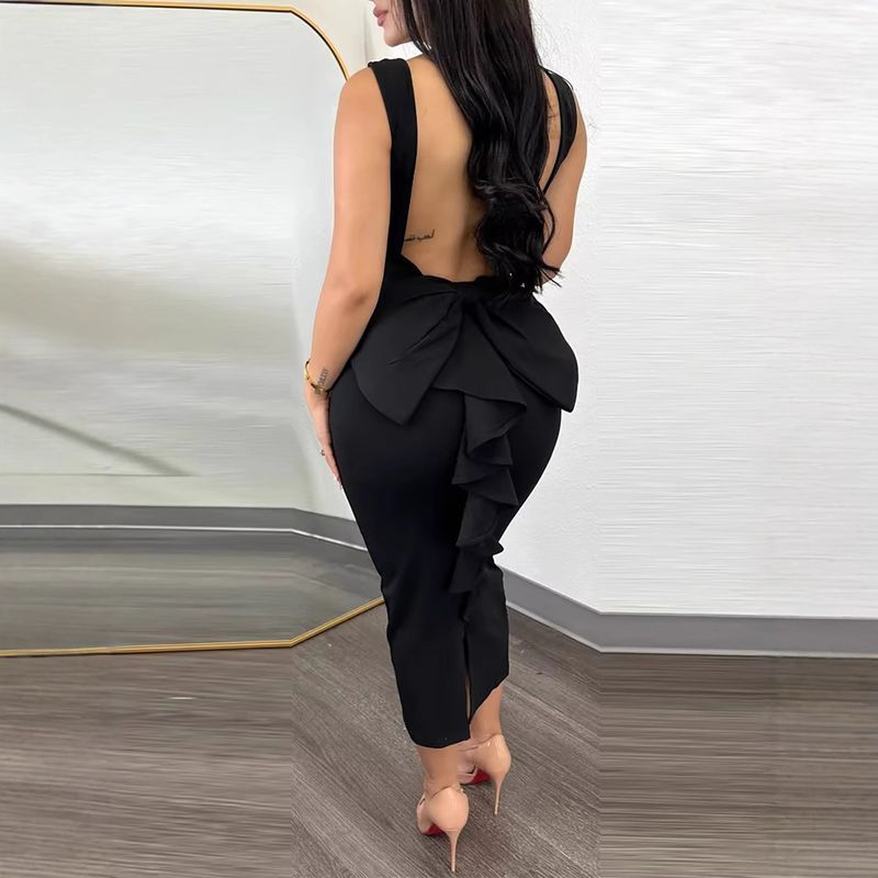 Abito da sera da donna con volant, spalline sottili, scollo a V, schiena scoperta, lunghezza media_voghion.com