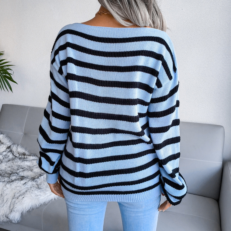Autumn And Winter Off-Shoulder Casual Loose Striped Knitted Sweater Women's Fashion_voghion.com