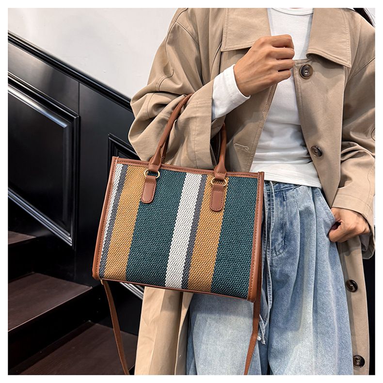 Large Capacity Handheld Tote For Women 2025 New European And American Trendy Canvas Color-Block Striped Single Shoulder_voghion.com