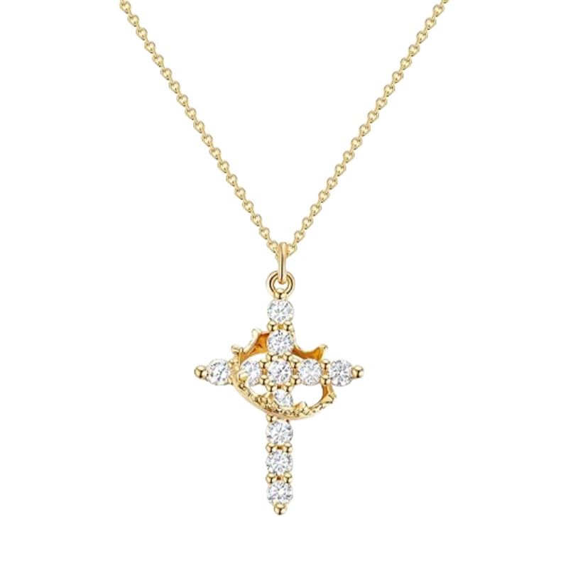 Collana semplice con corona placcata in oro 14 carati e croce per donna_voghion.com
