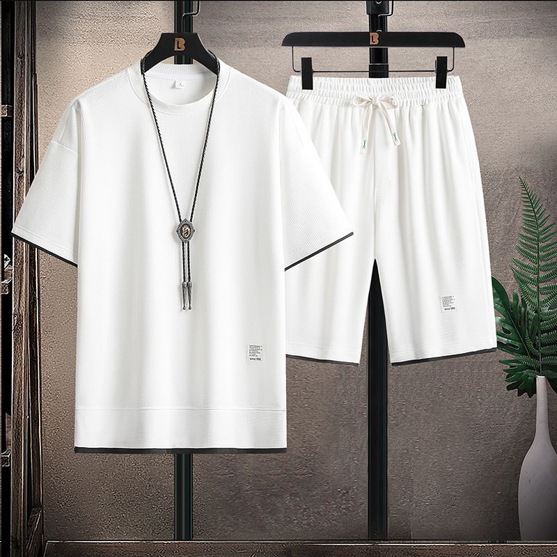 Miesten lyhythihainen vohvelikuvioinen sydänpuku, trendikäs löysä jääsilkkishortsit, nuorten vapaa-ajan urheiluun tarkoitettu kaksiosainen puku_voghion.com