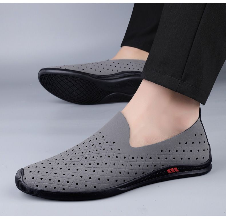 Summer New Hollow Breathable Casual Men's Shoes Doudou Shoes Cow Two-layer Leather British Casual Lazy Loafers_voghion.com