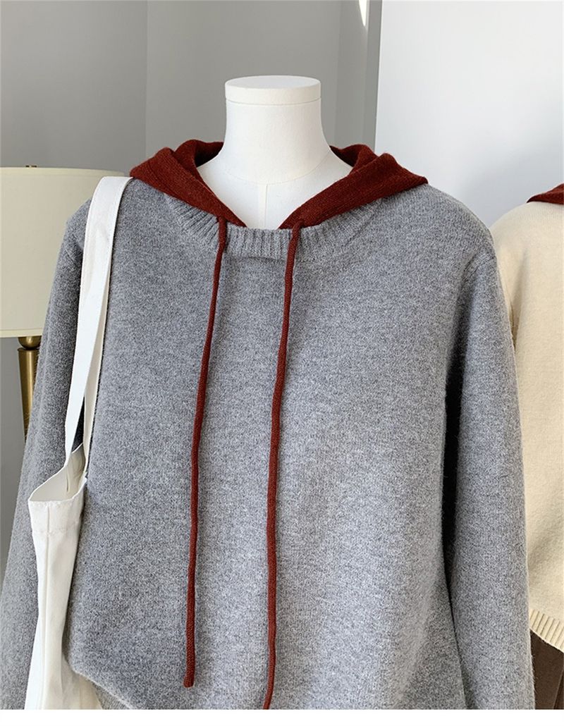 Damenbekleidung Lässiger Color-Block-Strickpullover mit Kapuze und langen Ärmeln für Herbst und Winter_voghion.com