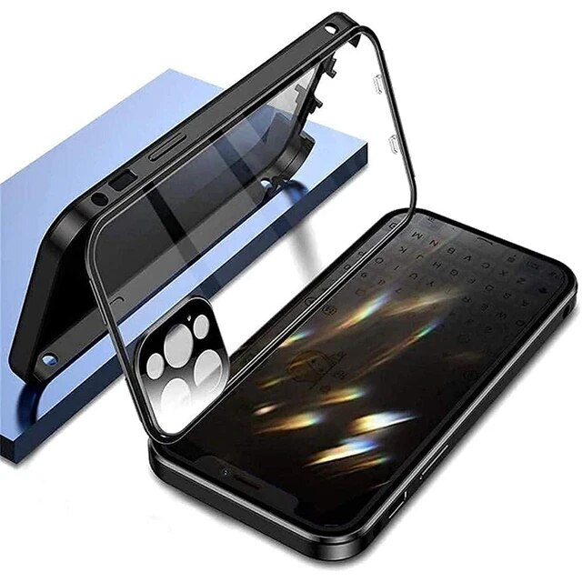 Funda de vidrio con cara metálica de privacidad para iPhone 13Mini 15 14 13 12 Pro Max Protección de lente doble broche_voghion.com