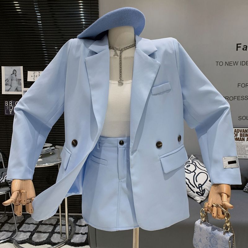 2023 Korean Fashion Lazy Style Loose Chic Blazer + High Waist Slimming A-line Bodycon Skirt Two-piece Set For Women_voghion.com