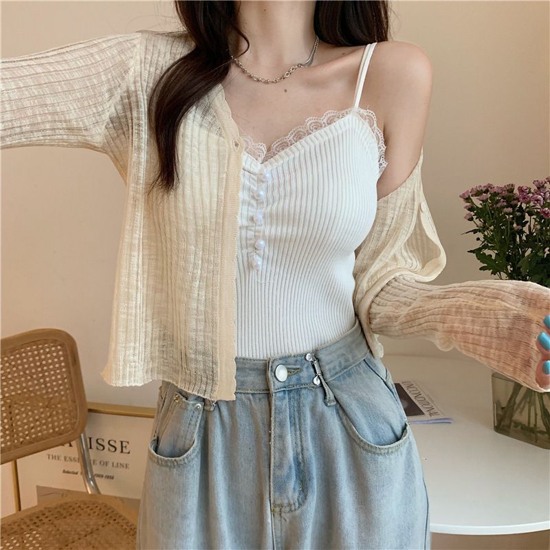 Cardigan estivo sottile in maglia con scollo a V, corto, da donna, con aria condizionata, scialle e gonna, giacca con protezione solare in seta ghiacciata_voghion.com