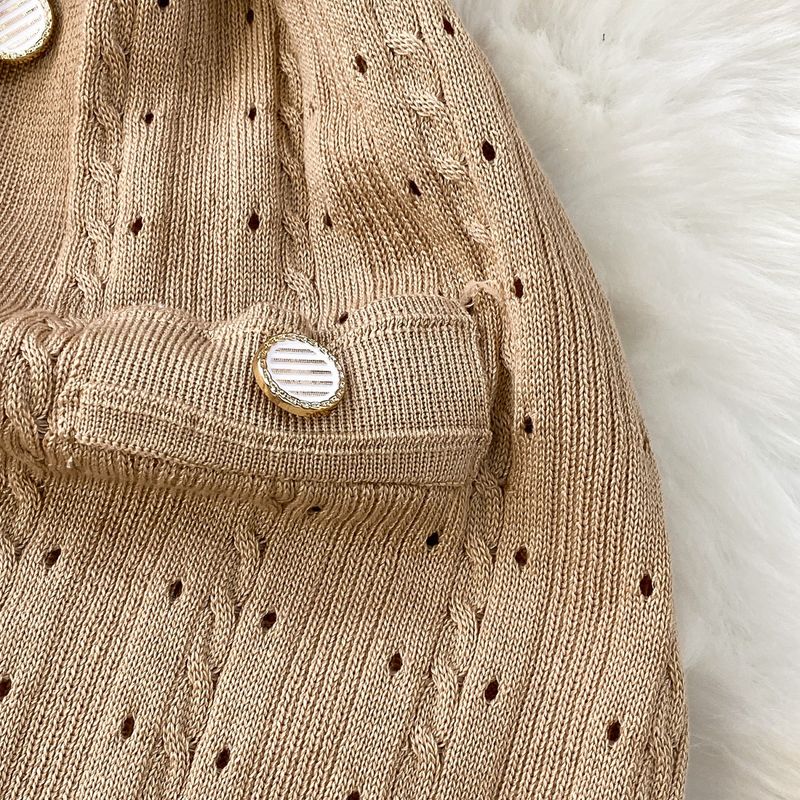 Abito estivo da donna di alta qualità, con scollo rotondo, maniche a petalo, in maglia cava, con gonna lunga sottile monopetto._voghion.com