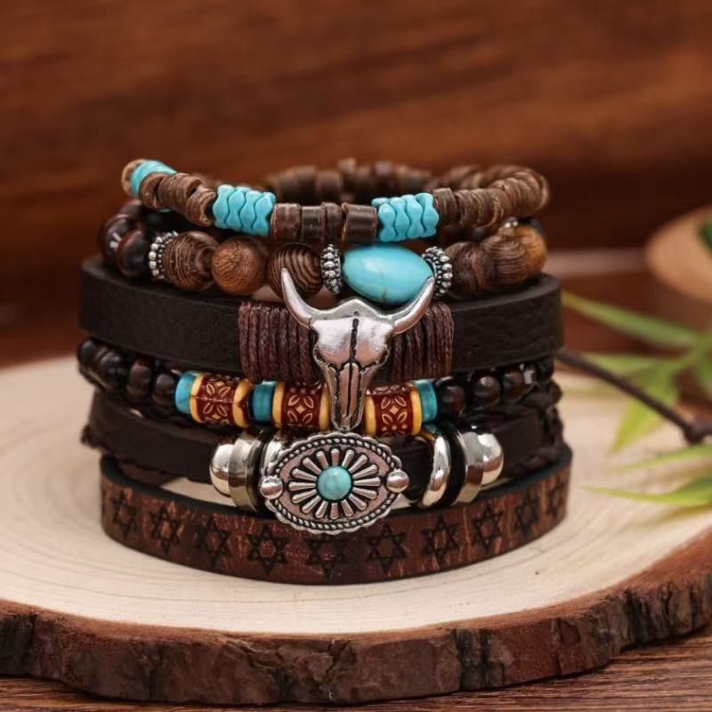 Mehrschichtiges, handgewebtes Armband mit Retro-Blumen und Pfauenfedern in Herzform aus Holzperlen_voghion.com