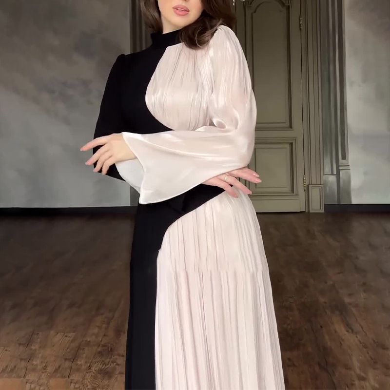 Dameskleding Ronde hals Contrasterende kleur Lange mouwen Hoge taille Slanke temperament Retro jurk_voghion.com